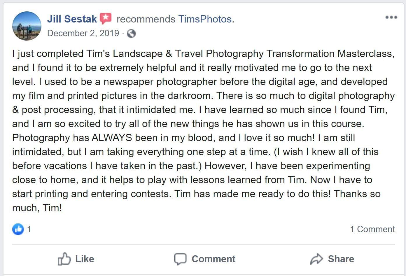 Jill sestak it;s extremely helpful tim shields photography transformation masterclass